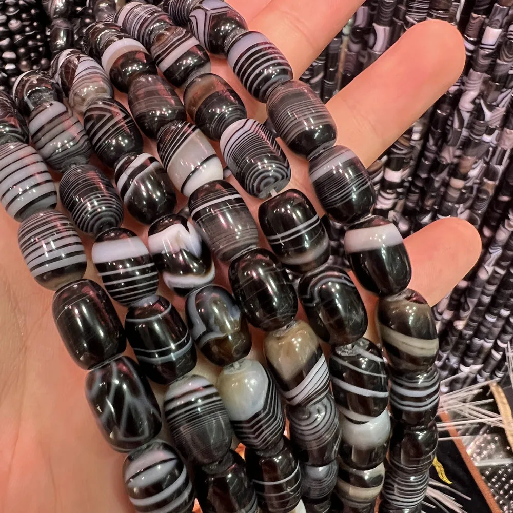 Natural Stone Black Agate Stone 8x12mm Drum Agate Beads Spacer Beaded 15'' Strand For DIY Jewelry Making Bracelet Accessories