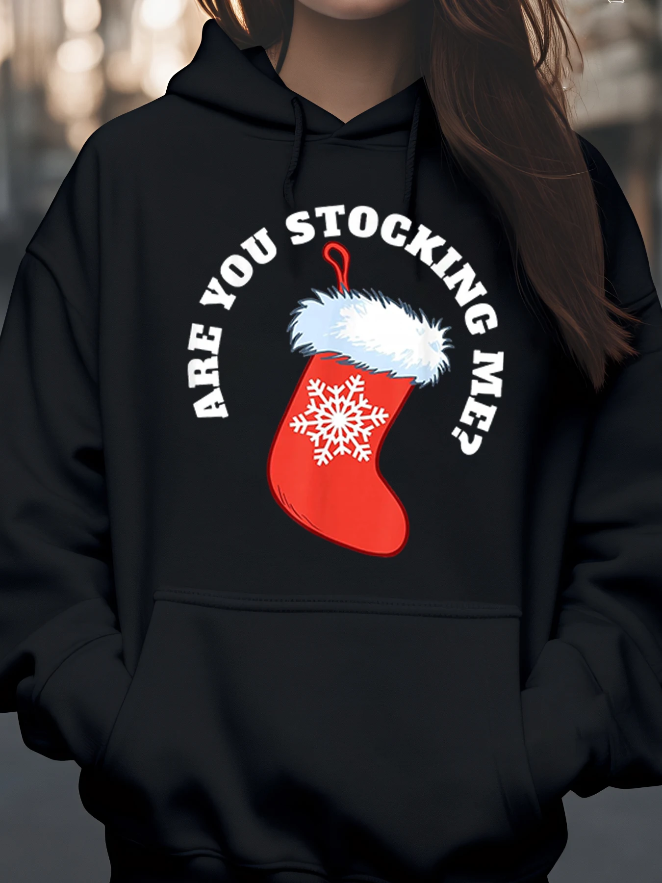 Sudadera con capucha con estampado de medias navideñas, ropa informal navideña, moda para mujer