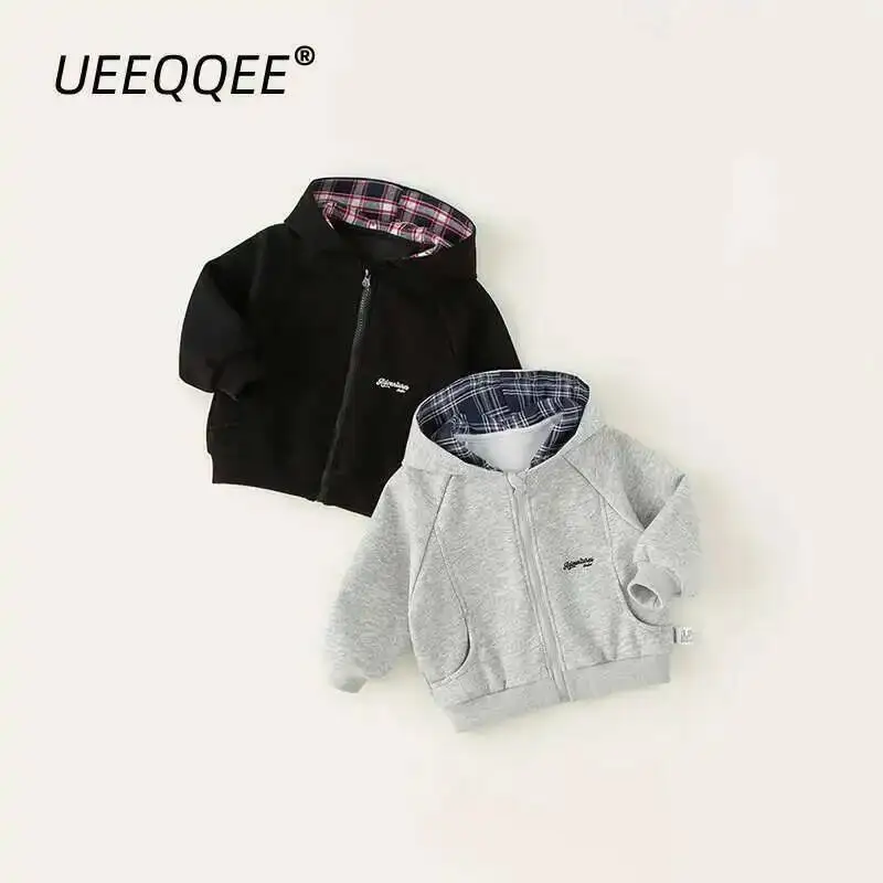 

Spring Autumn Children Hoodies 1-10Y Boys Plaid Hooded Zipper Sweatshirts Coats Korean Tops Toddler Wear For Kids Clothing New