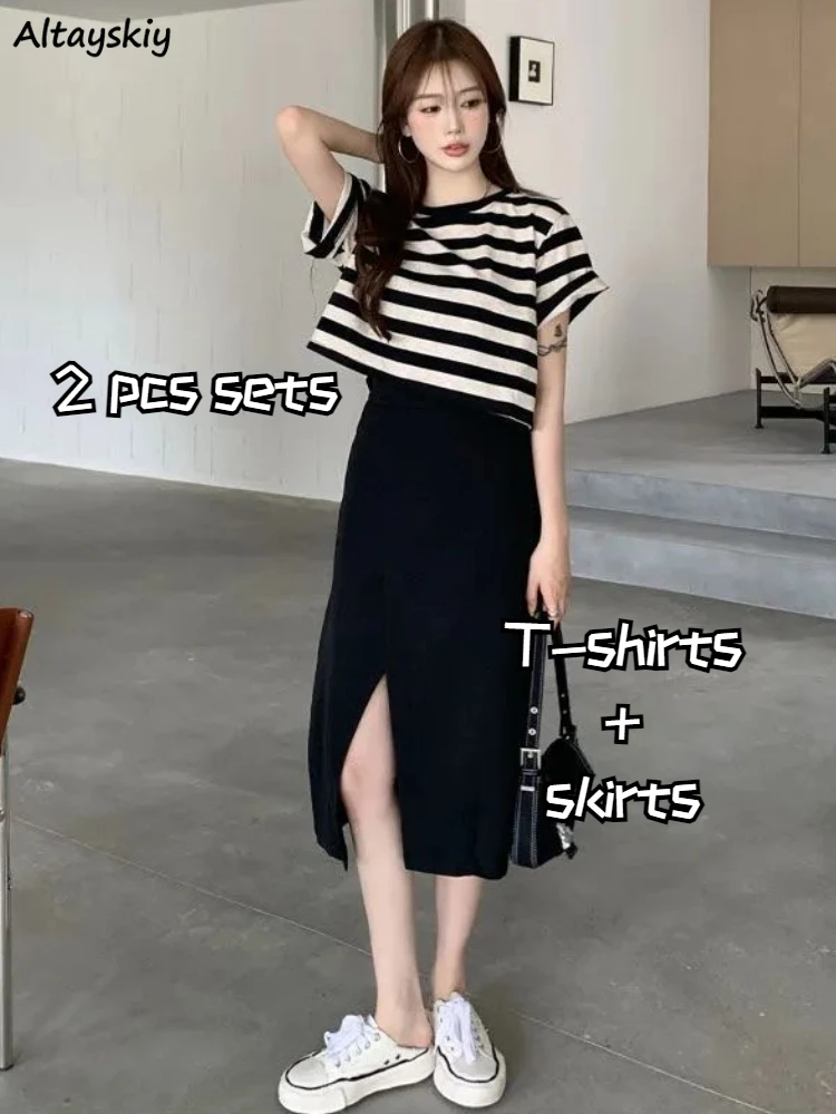 

Sets Women Summer Vintage Simple Fashion Preppy Style Striped T-shirts Side-slit Skirts 2 Pieces Korean Temperament Street