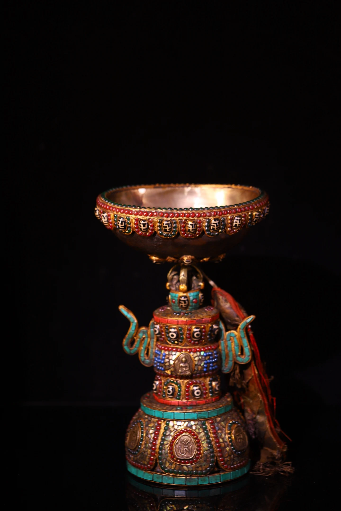 Old Kabala Bowl Mosaic Gem gZi Beads Turquoise Tibetan silver Offering bowls Amulet Eight Treasure Base Town House