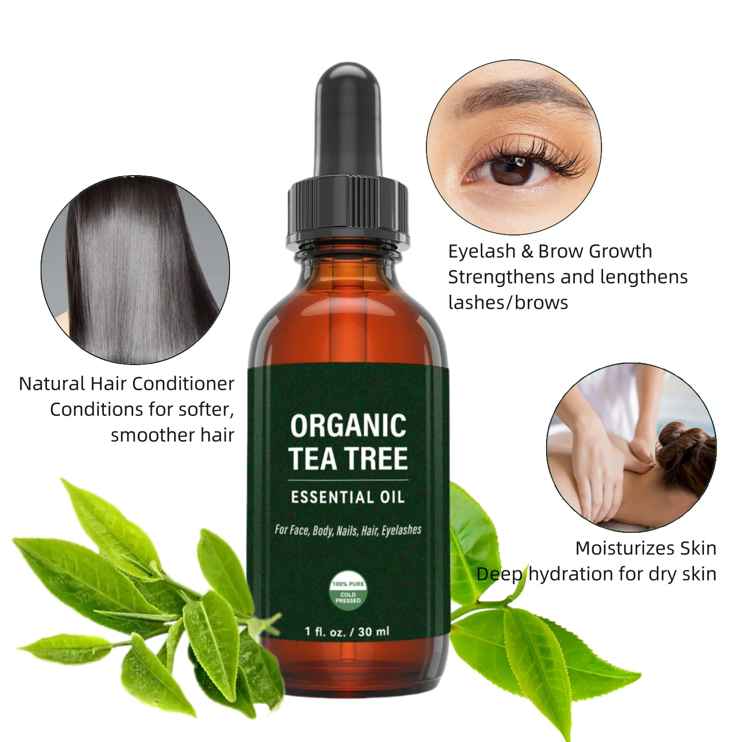 Biologische Tea Tree Etherische Olie Voor Haar, Wimpers Huid, Gezicht, Lichaam, Nagels, Voor Voller Haar & Gezonde Nagels 1fl. Oz./30Ml