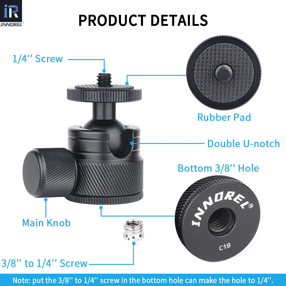 Mini Ball Head-INNOREL C19 CNC Metal Low Profile Tripod Ballhead 360° Pan 90° Tilt Maxload 3kg for Phone/DLSR Camera/Mini Holder