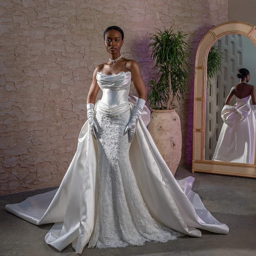 

2026 African Satin Mermaid Wedding Dresses with Detachable Overskirt Strapless Corset Lace Beads Nigeria Bridal Gowns Customized