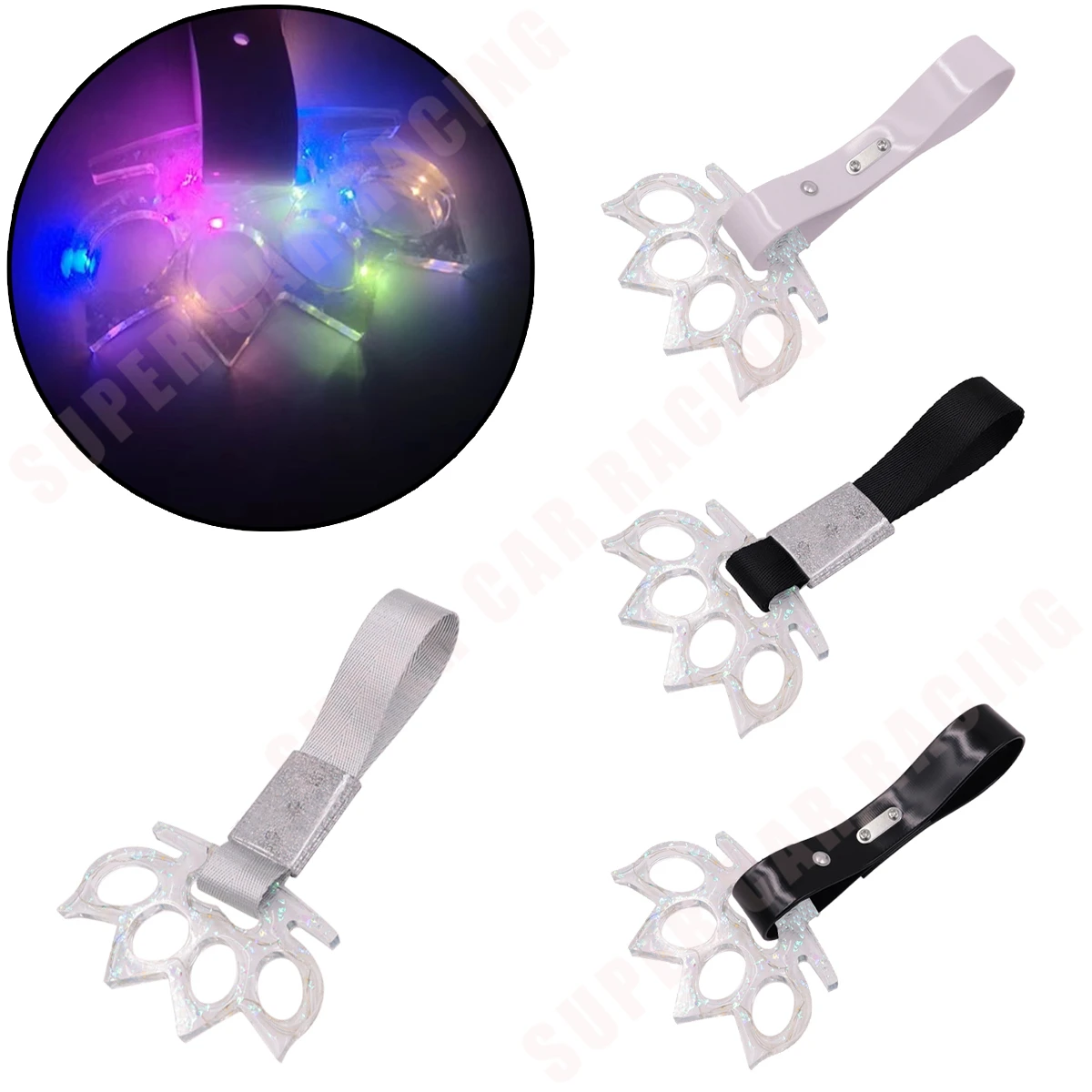 Knuckle RGB Rainbow LED Light Up Tsurikawa Ring Resin Train Bus JDM Sparkle Handle Hand Strap Drift Charm for Car Warning