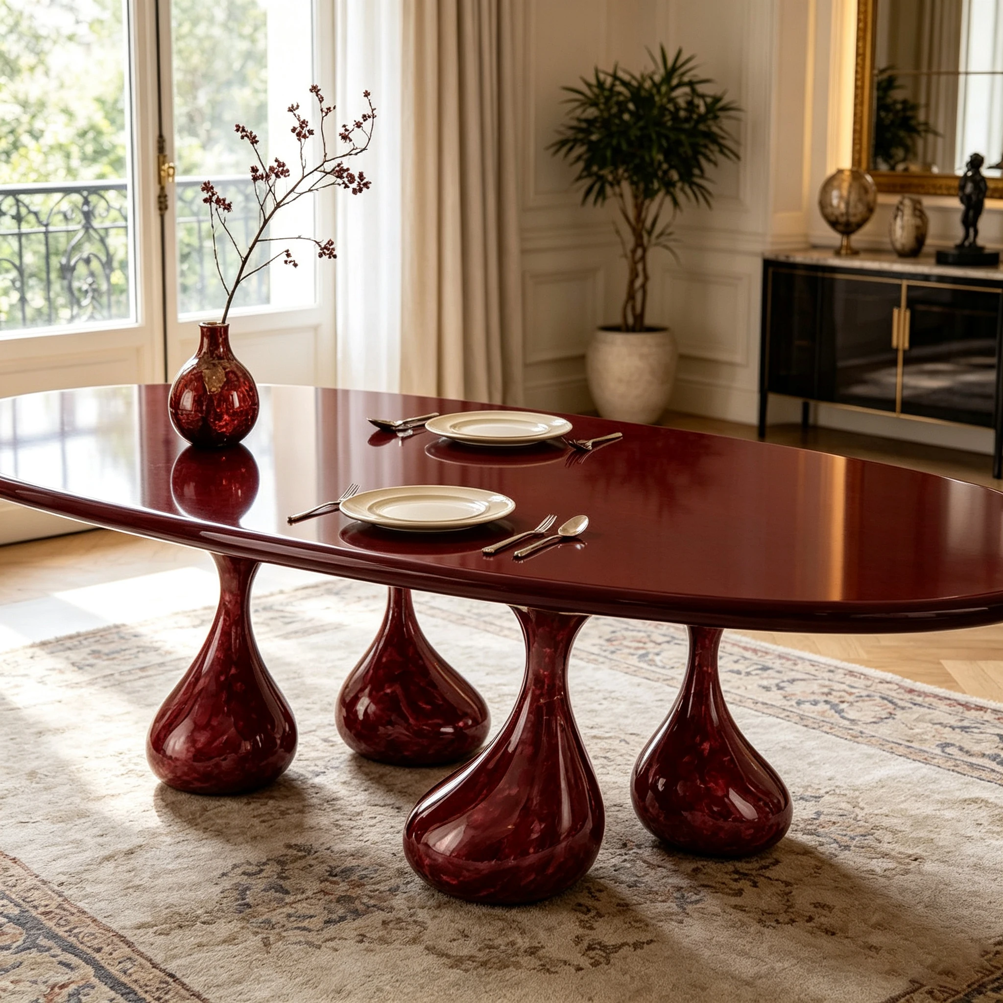 G*-Modern Glossy Burgundy Oval Dining Table Unique Teardrop Base Dinner Table for Home Furniture Decoration