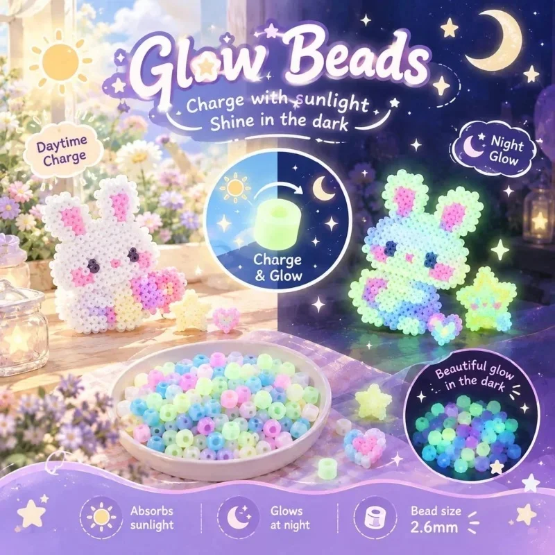 glowing at night Fuse Beads – 1000pcs 2.6mm Hama Perler Beads, Anxiety-Relief Calming Craft Pack, Easy-to-Follow for