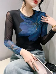 레트로 유럽풍 긴팔 라운드넥 베이스 셔츠 봄 가을 메쉬 프린트 패셔너블 이너 타워탑 여성 슬림핏 티셔츠