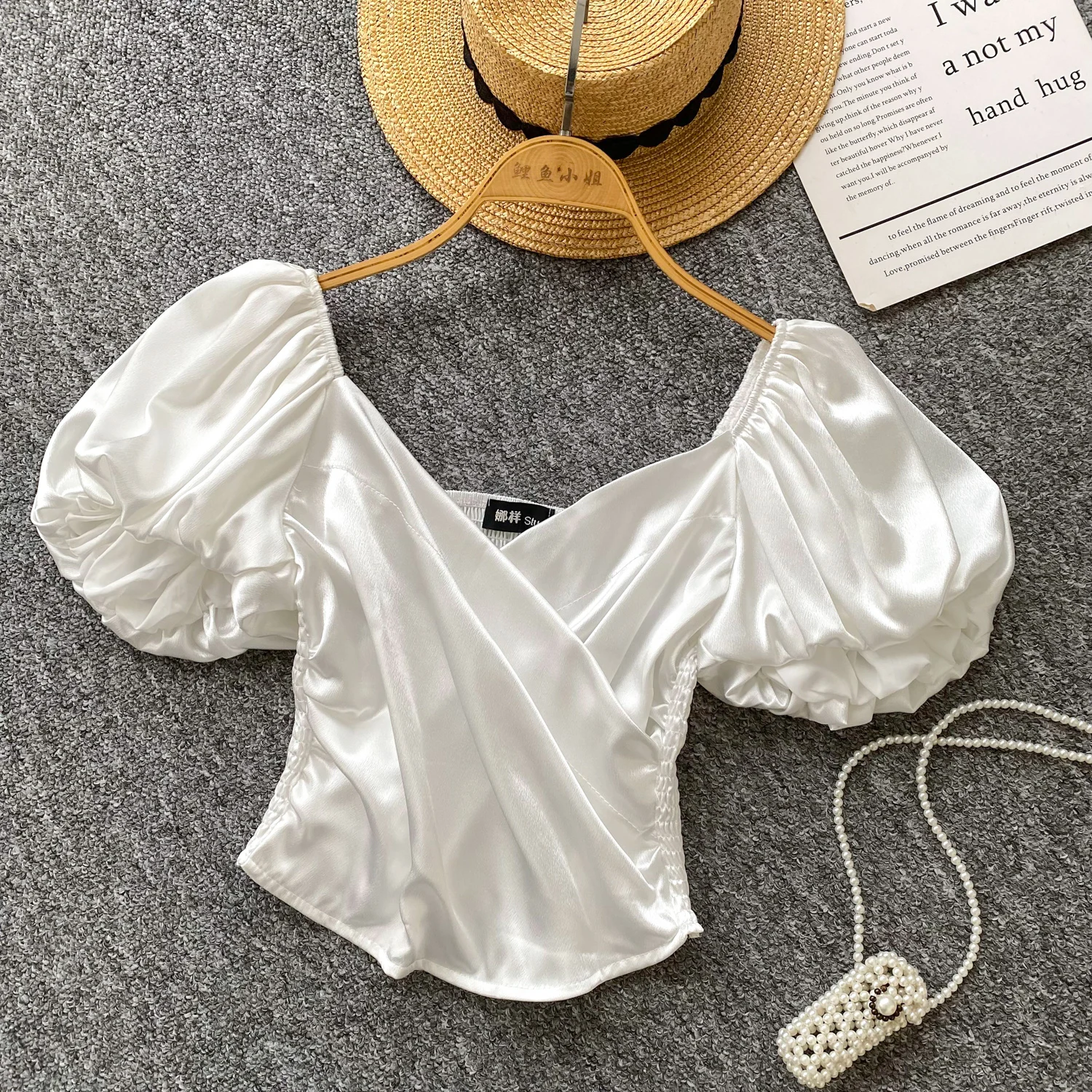 

Vintage Elegant Criss-Cross satin short sleeve Blouse Fashion Shirt Casual Chic Top hotsweet Fairy Summer Women Shirt