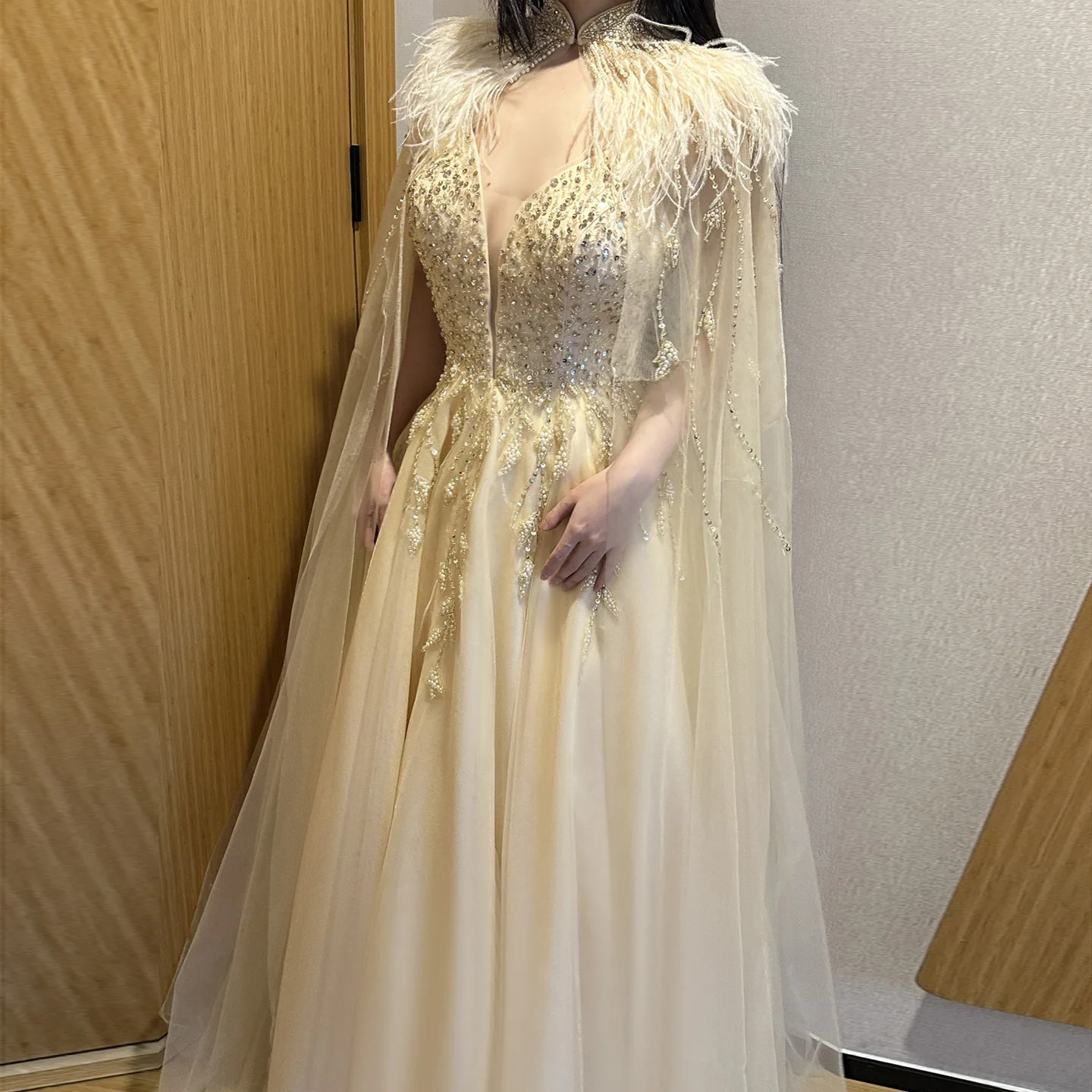

Sharon Said Luxury Feathers Gold Evening Dress with Cape 2025 Elegant Arabic for Women Wedding Party Gowns SS594 Customized