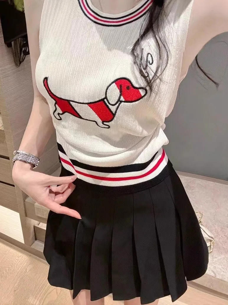 

Trendy Embroidered Dog Summer Thin Vest Striped Color Block Slimming Top for Young Girls Commute Style Cotton Polyester Fabric