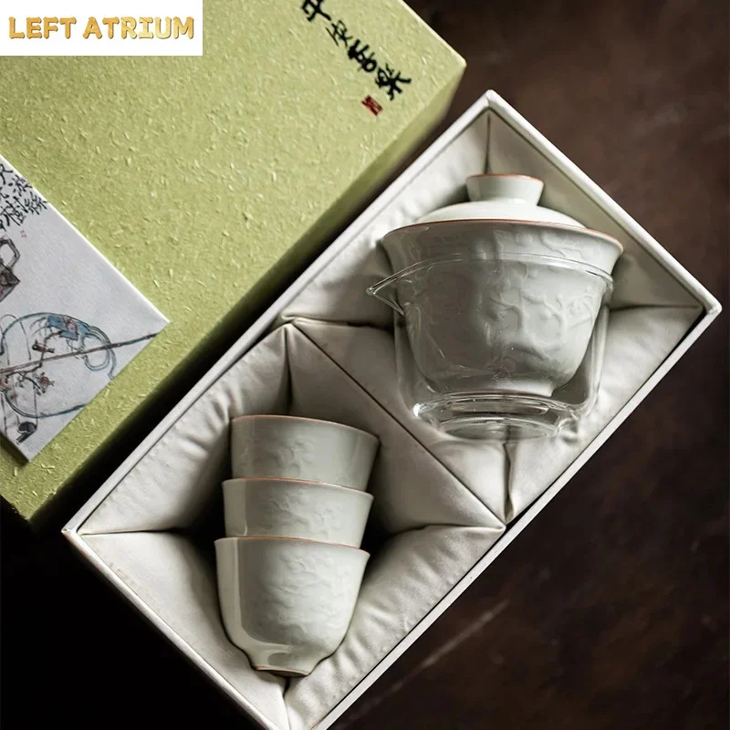 Boutique Handmade Relief Cover Bowl Set Household Three Friends of Winter Tea Set Aesthetic Tea Ceremony Set Cafes Collection