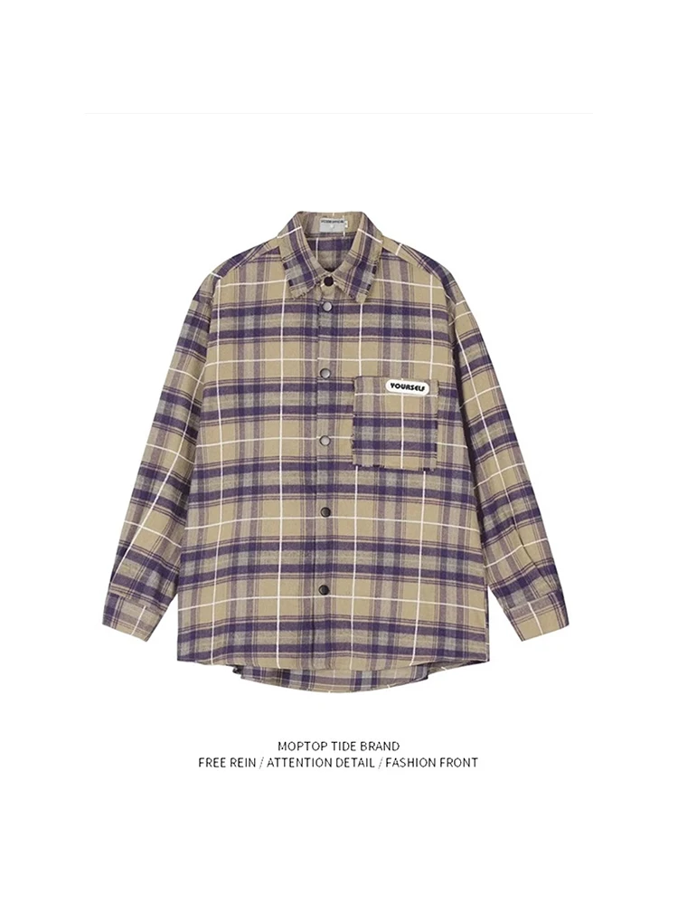 

Retro Japanese Sle Long Sve Plaid irt Loose Casual ex Spring Autumn Couple's irt Youth ular Polyester Fiber