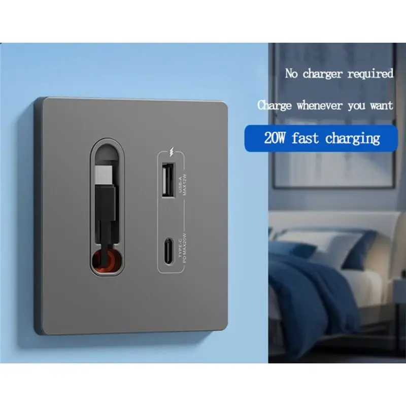 A7THK-EU Universal Wall PD 20W USB A Smart Socket Panel With Retractable Cable Featuring Android Type-C Fast Charging Port For H
