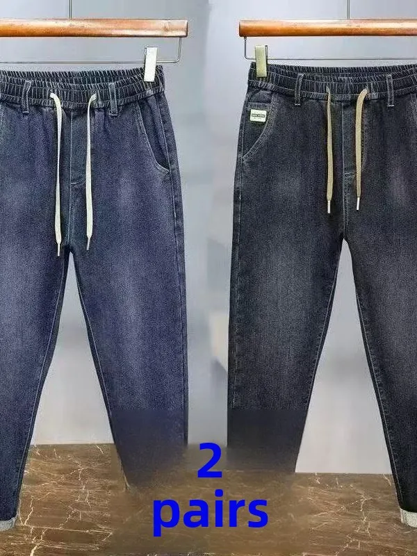 American Style Men's Jeans Elastic Waist Summer Thin Straight Loose Casual Wear Resistant Work Long Pants Youth Fashion