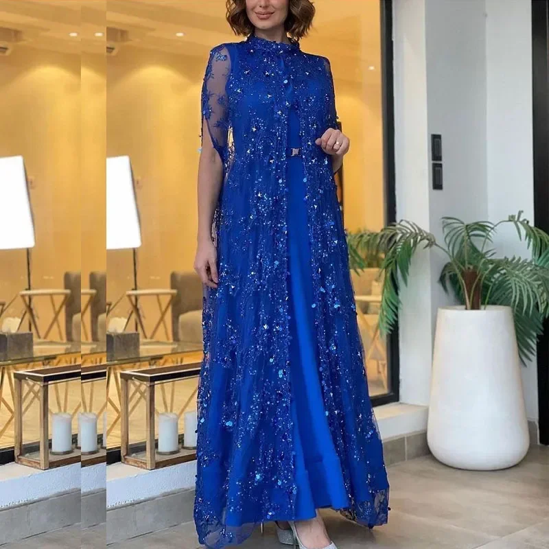 Customized Royal Blue Mother of The Bride Dresses with Jacket 2 Pieces A Line Formal Gown Sequined Coat Arabic Dubai Special Occ