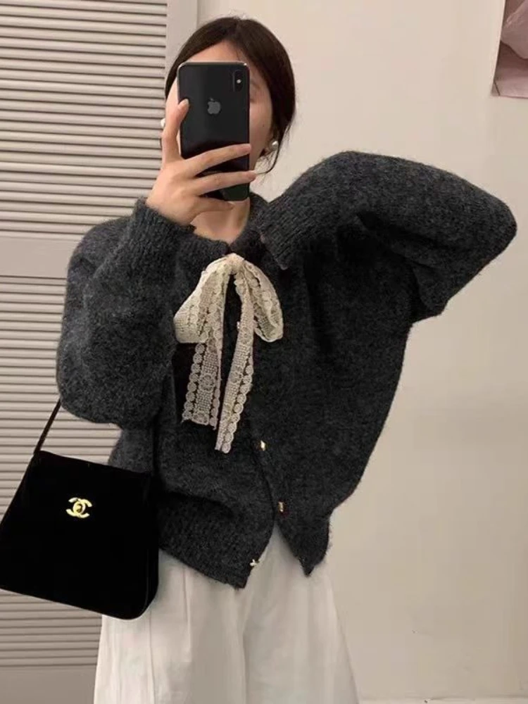 

Korean Style Retro Bow Lace-Up Cardigan 2025 Autumn Winter Loose O-neck Long Sleeved Sweater Single Breasted Cute Knit Tops