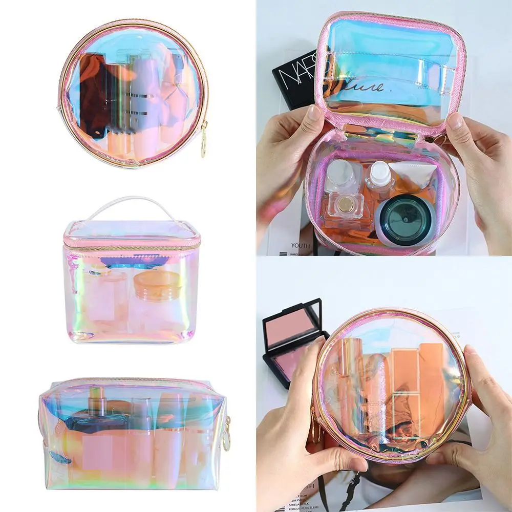 Durable Colorful Transparent Toiletry Bags PVC Round Square Bucket Makeup Bag Waterproof Thickening Storage Bag Travel Outdoor