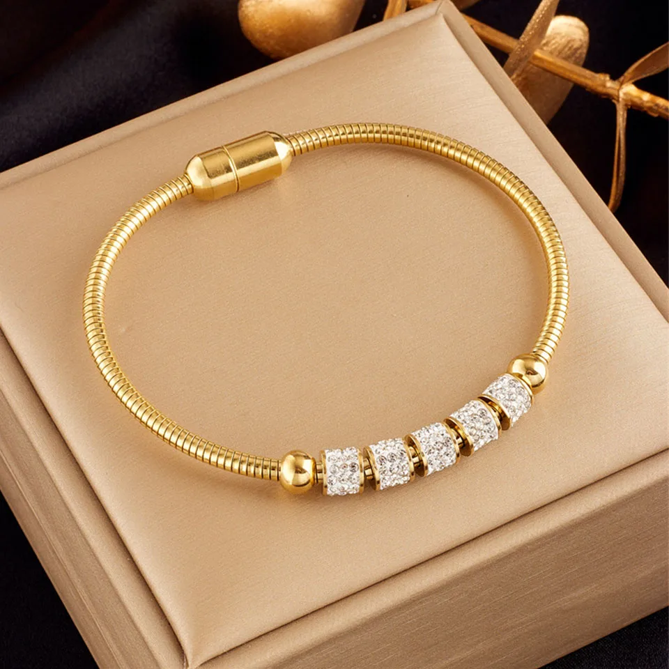 Yupsk 316L Stainless Steel Gold Color Rhinestone Beaded Bracelet Bangle for Women Exquisite Magnet Clasp Stacked Bracelet Gift