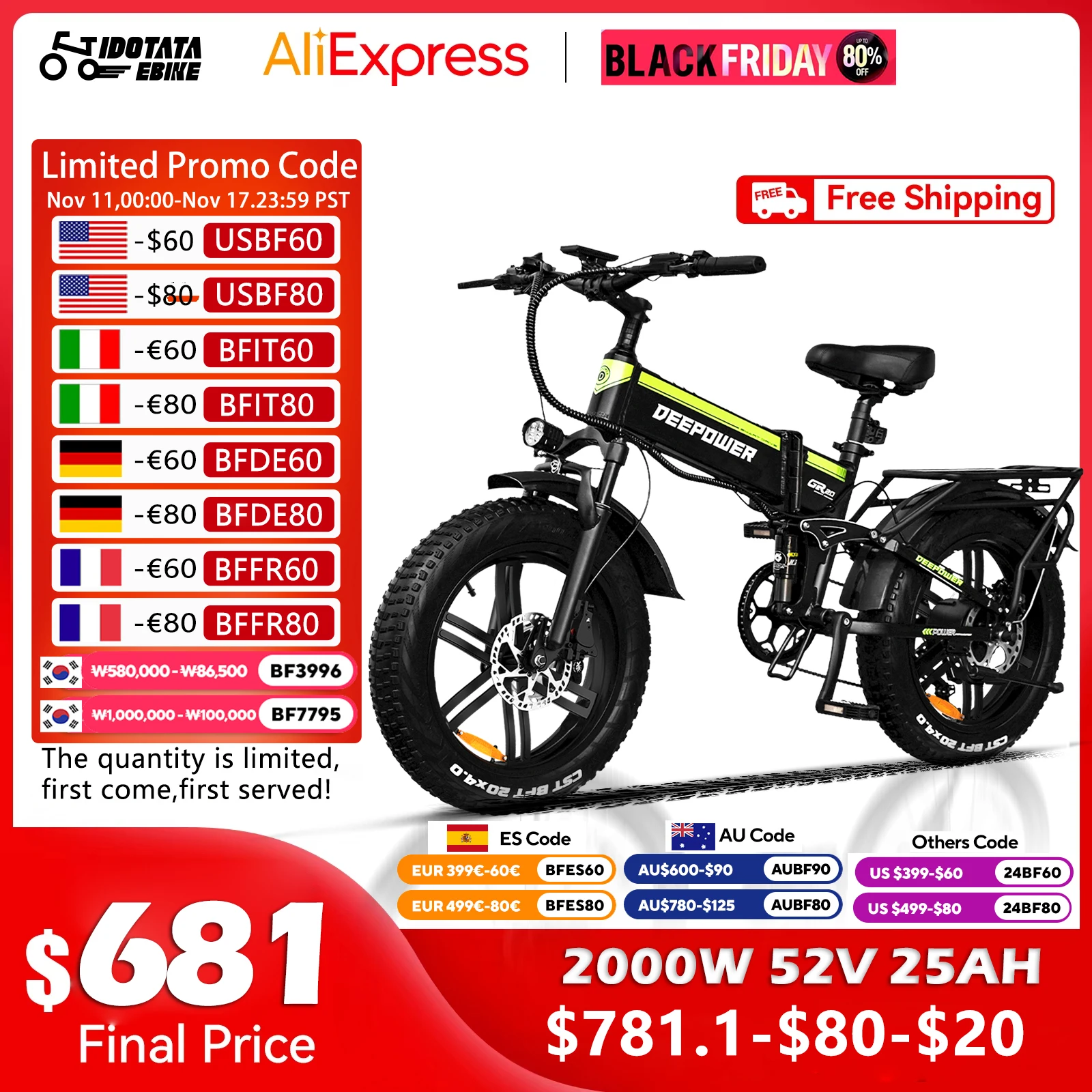 2000W 48V 25AH Electric Bike Folding Adult Mountain E Bike 20Inch Electric Bicycle Snow Electric Bicycle 4.0 Fat Tire E-bike