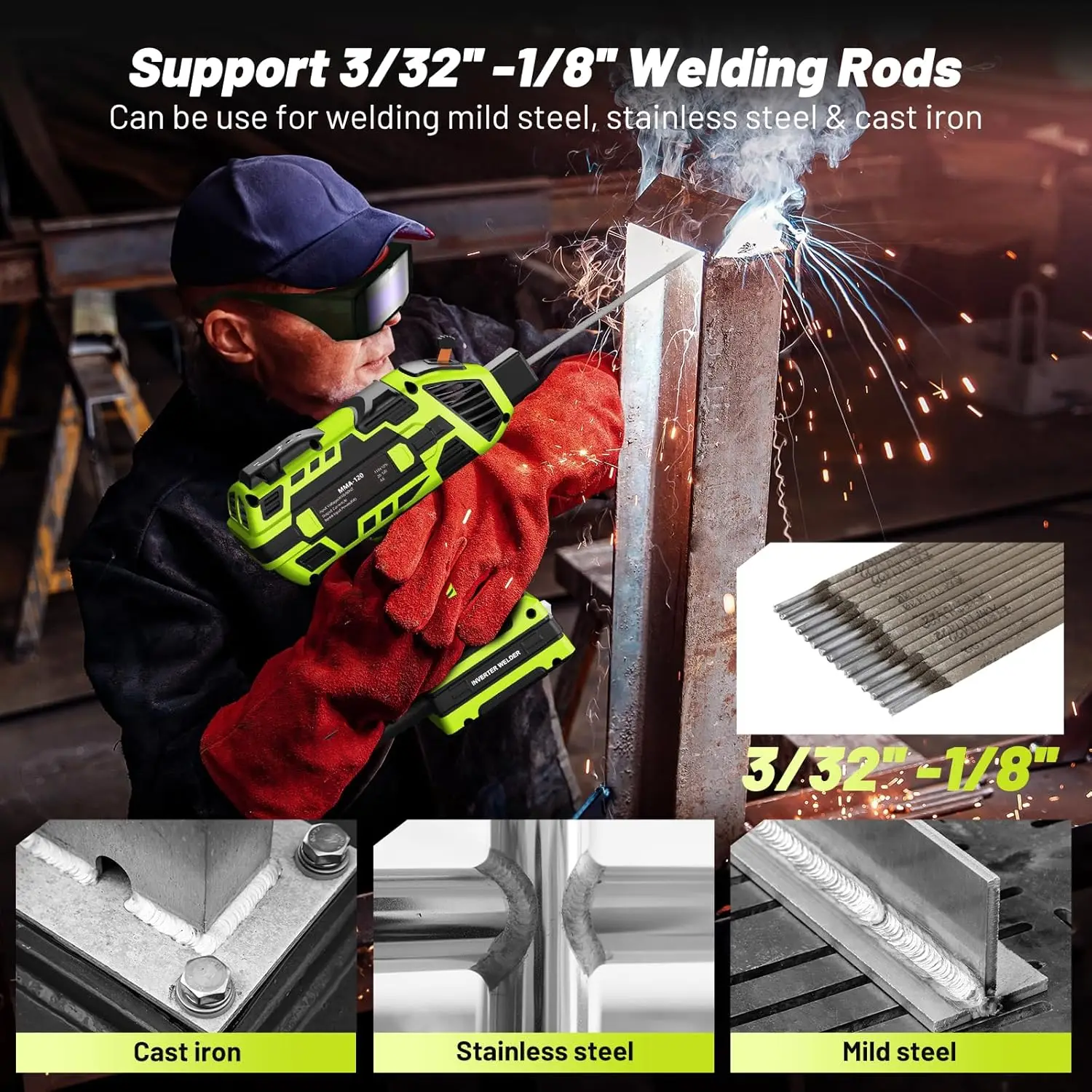 ماكينة لحام محمولة Taskstar 110 فولت مع نظارات سواد تلقائية: ماكينة لحام القوس العاكس IGBT لقضبان 3/32 بوصة-1/8 بوصة #3