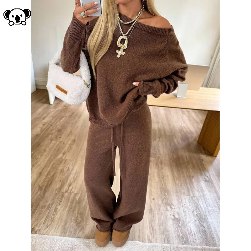 2026 diagonal neck knitted sweater trousers two-piece set