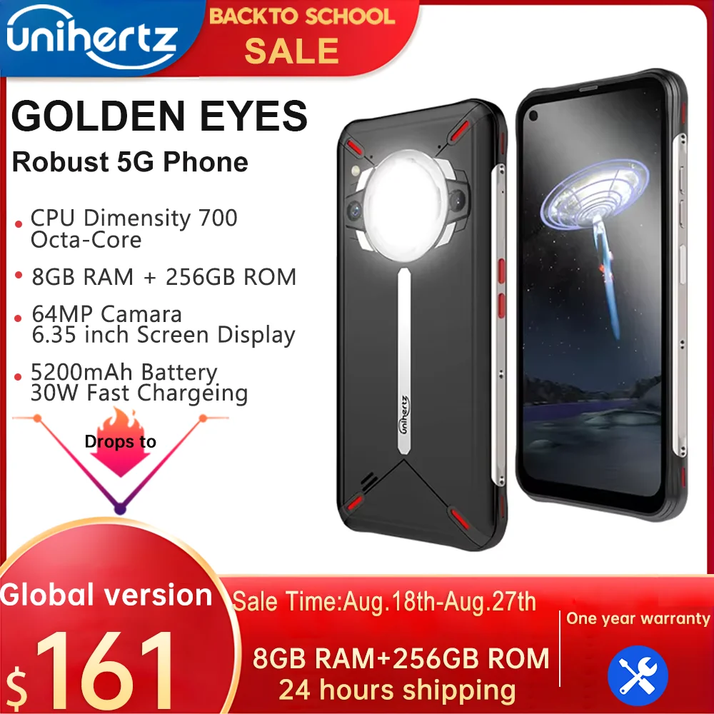 Unihertz Golden Eye 5g Ultra Slim Rugged Smartphone Camping Light 8GB 256GB 64MP Camera Cell Phone, Mobile Phone,30W ,5200mAh