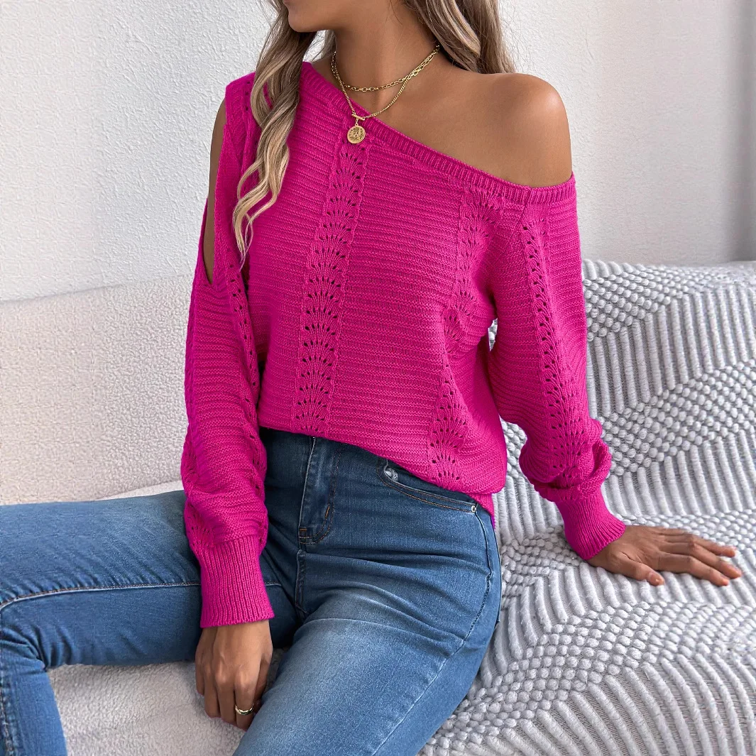 Women Off Shoulder Hollow Out Sweater 2026 Cold Sleeve Crochet Pullover White Loose Knit Jumper Autumn Winter Cropped Top 4