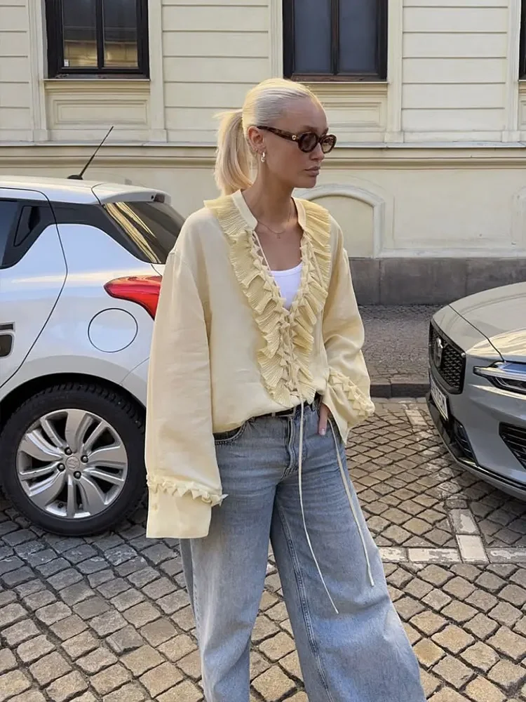 2026 Women Outfits Women Elegant Yellow Ruffles Lace-up Blouse Skirts Sets Long Sleeve V Neck Shirt Pleated Midi Skirt