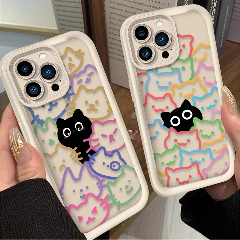 Lovely Line Black Cat Soft Case For iPhone 16 15 14 13 12 11 Pro Max X XS X S Max XR SE 2020 7 8 Plus iphone16 Shockproof Cover