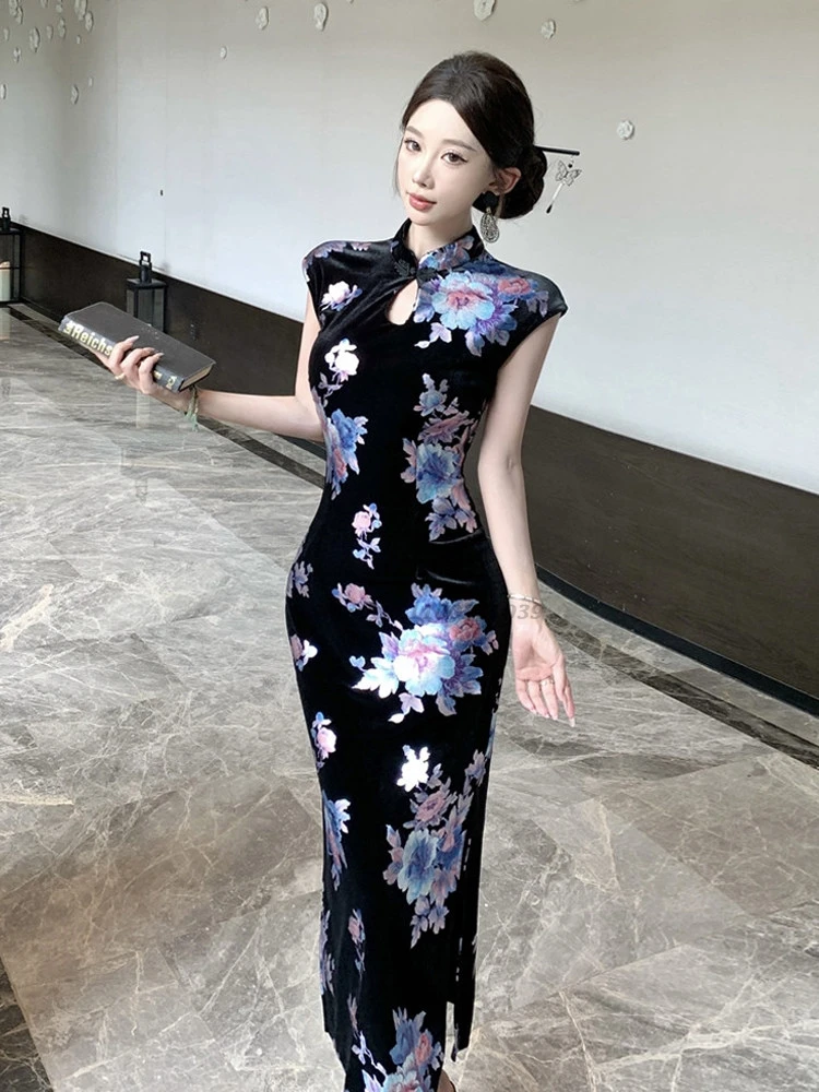 

2026 chinese sexy qipao flower print velvet cheongsam oriental evening dress chinese traditional nightclub sexy qipao vestido