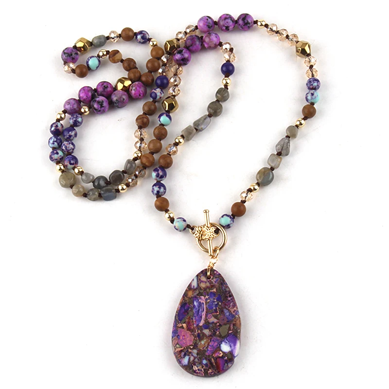 Fashion Bohemian Jewelry Accessory Purple Natural Stone Crystal Glass Knotted Necklace Stone Drop Pendant Necklaces For Women