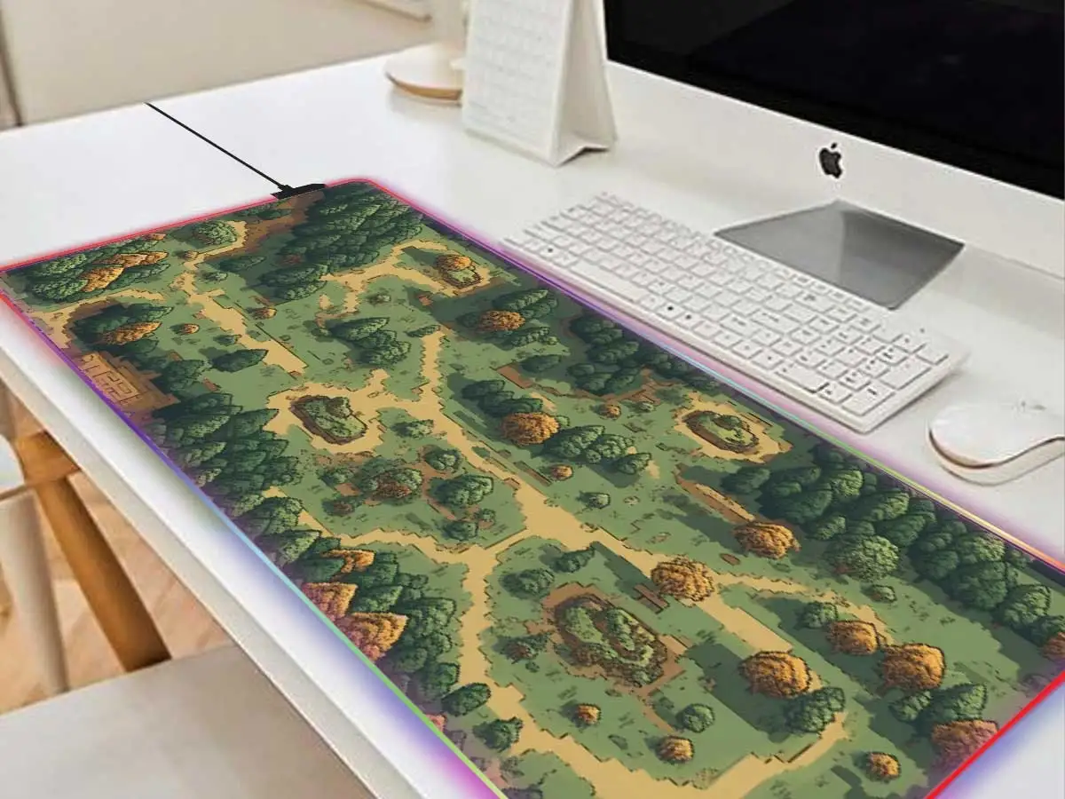 Retro Gaming Green Forest Pixel art desk mat Beige brown green large mouse pad Cute War Game wrist rest desk decorative