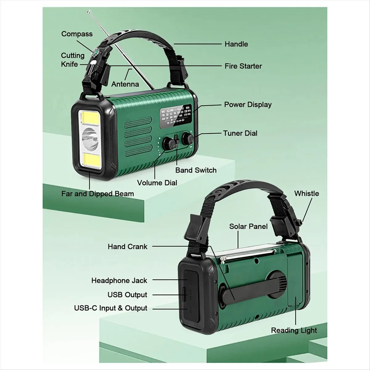 【ELEVATE LIFE】20000mAh Solar Hand Crank Emergency Radio, NOAA/AM/FM, Cell Phone Charger, Lamp, Flashlight & SOS