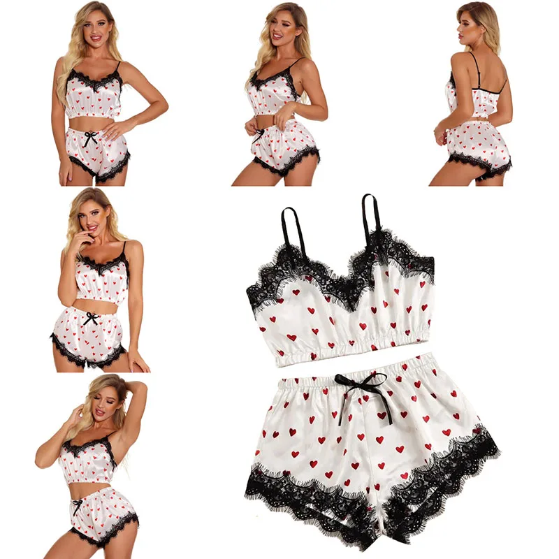 Women V-Neck Printed Bra Camisole Nightgown Girls Can Love Girls Cute Erotic Lingerie Strapless Beauty Back Halter Shorts Set