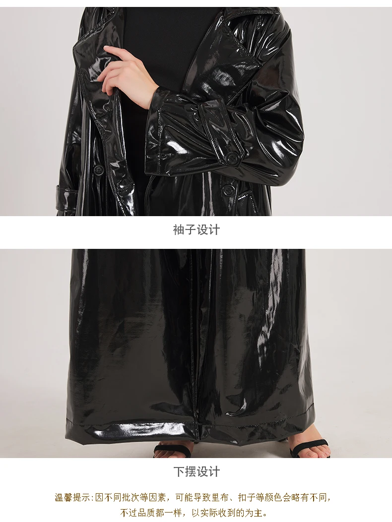 Lautaro Spring Autumn Black Shiny Reflective Soft Patent Leather Trench Coat for Women Luxury Designer Floor Length Clothes 2024