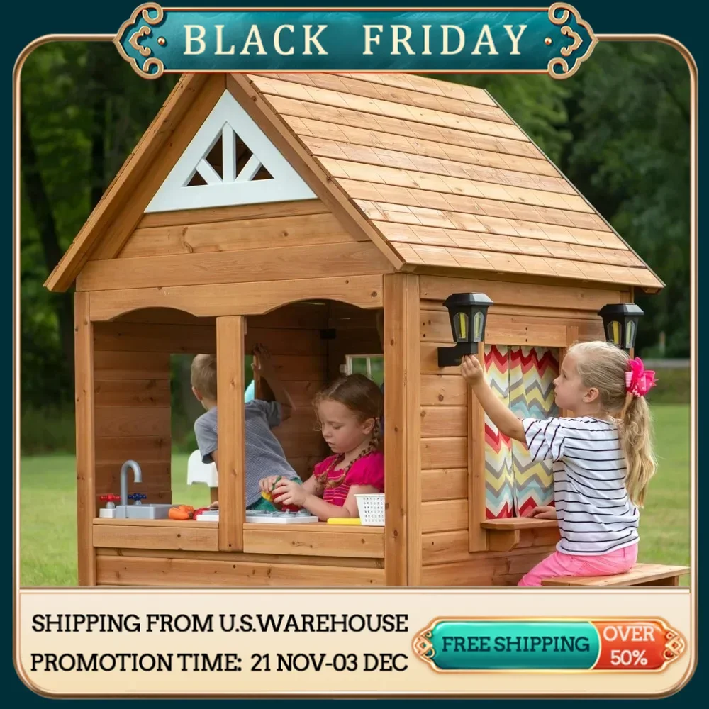 Discovery Aspen All Cedar Wooden Playhouse, Country Style, Dutch Front Door, Flower Pot Holders, Stove, Sink, Plastic Food