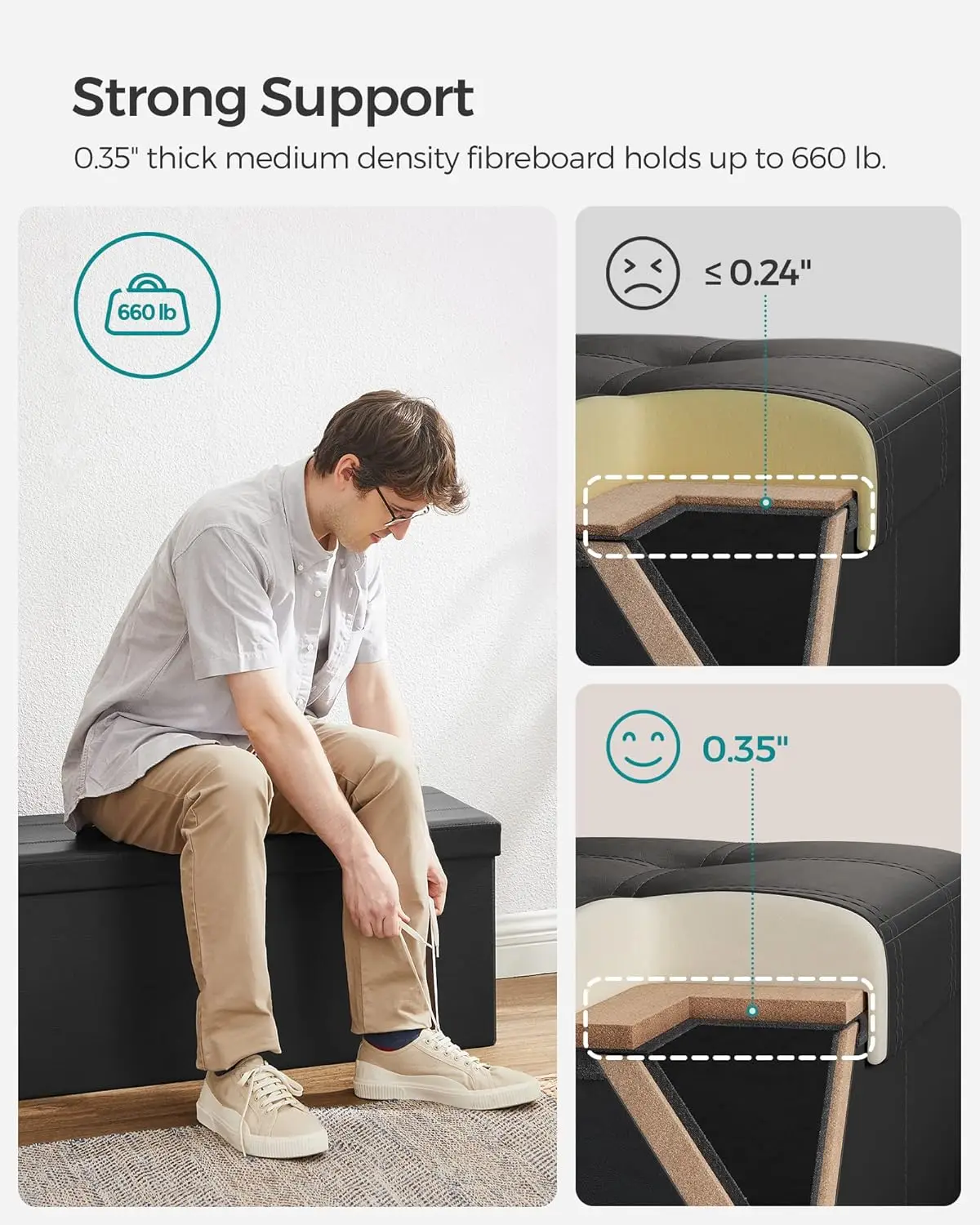 New43 นิ้วพับ Ottoman Bench,ตู้เก็บ,ที่วางเท้า,โต๊ะกาแฟ,เบาะที่นั่ง,หนัง Faux,ถือได้ถึง 660 ปอนด์