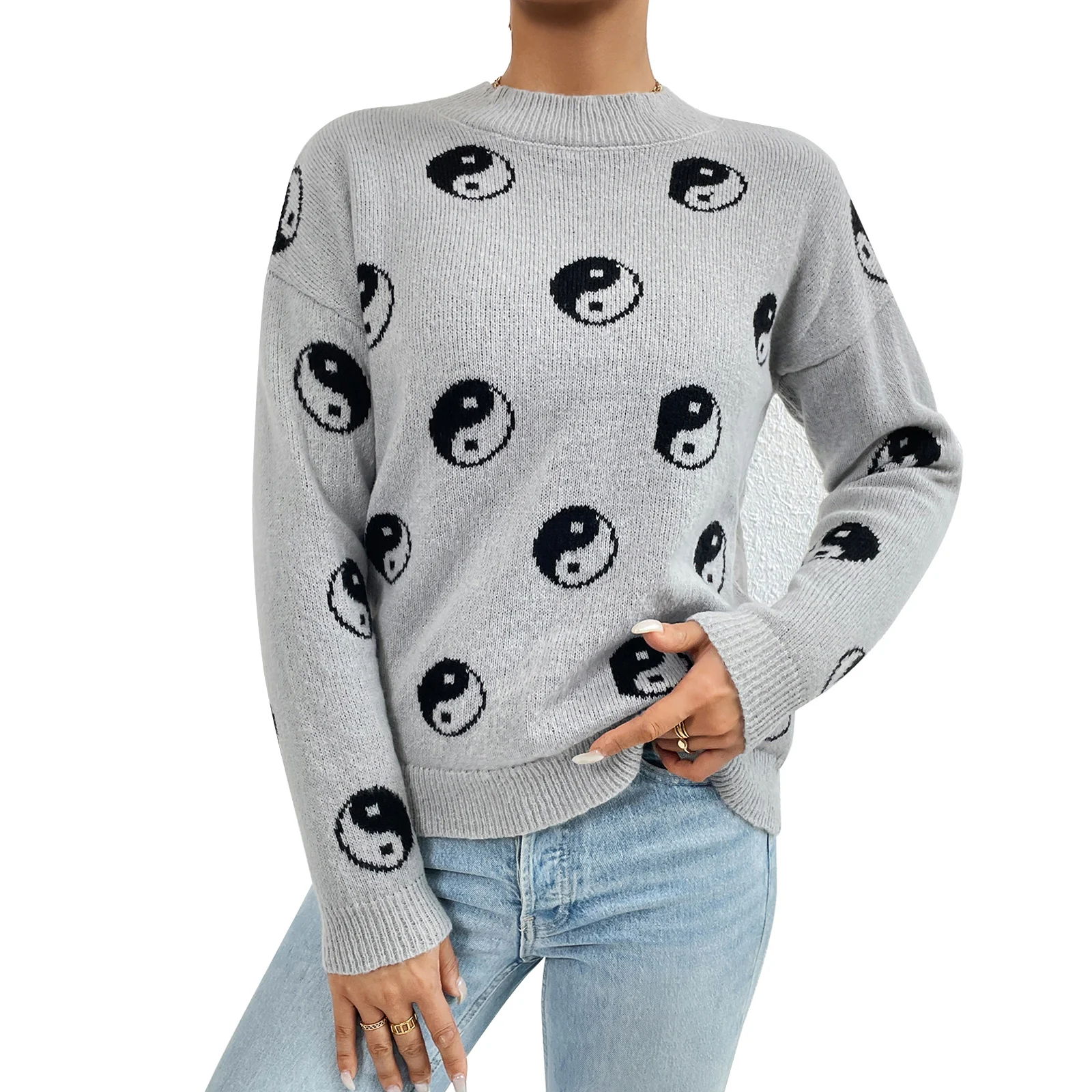 Women Cute Comfy Sweaters Casual Sun Moon Jacquard Warm Pullover Basic Knitwear for Fall Streetwear