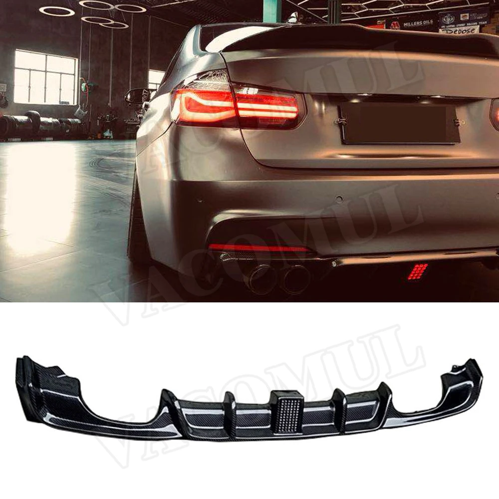 VACOMUL Carbon Fiber 4 Outlet Exhaust Guard Rear Bumper Lip Diffuser With LED Light For BMW F30 F35 320i 328i 335i M Sport 12-18