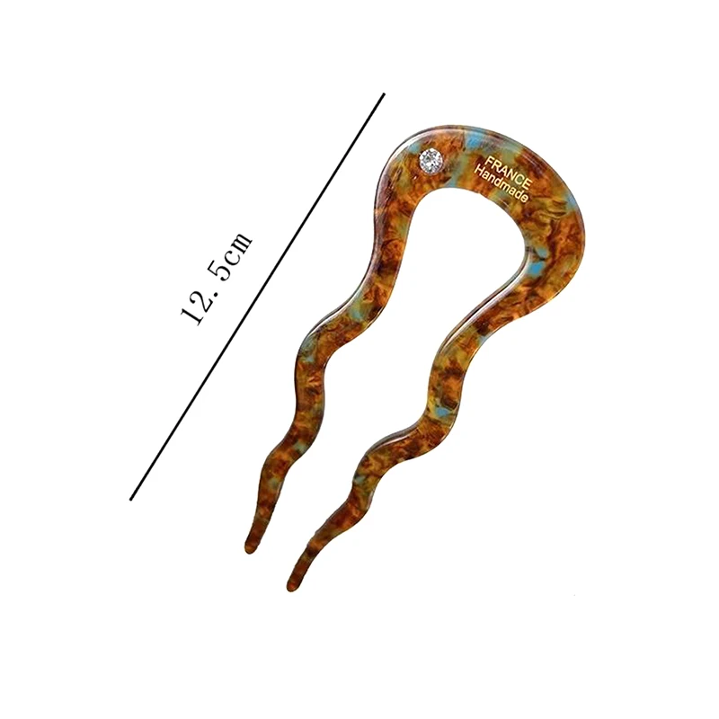 Französische Twist-Haarspange aus Acetat, gewellte U-förmige Haarnadel, Vintage Schildpatt-Optik, Damen-Haarknoten-Pin, Kopfschmuck-Accessoires – Detail 7