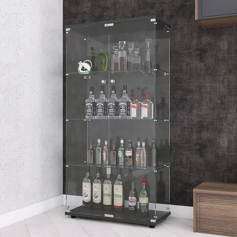 Glass Display Cabinet 4-Shel with Double Door, Curio Display Cabinet with 5mm Tempered Glass, loor Standing Bookshel or Living R