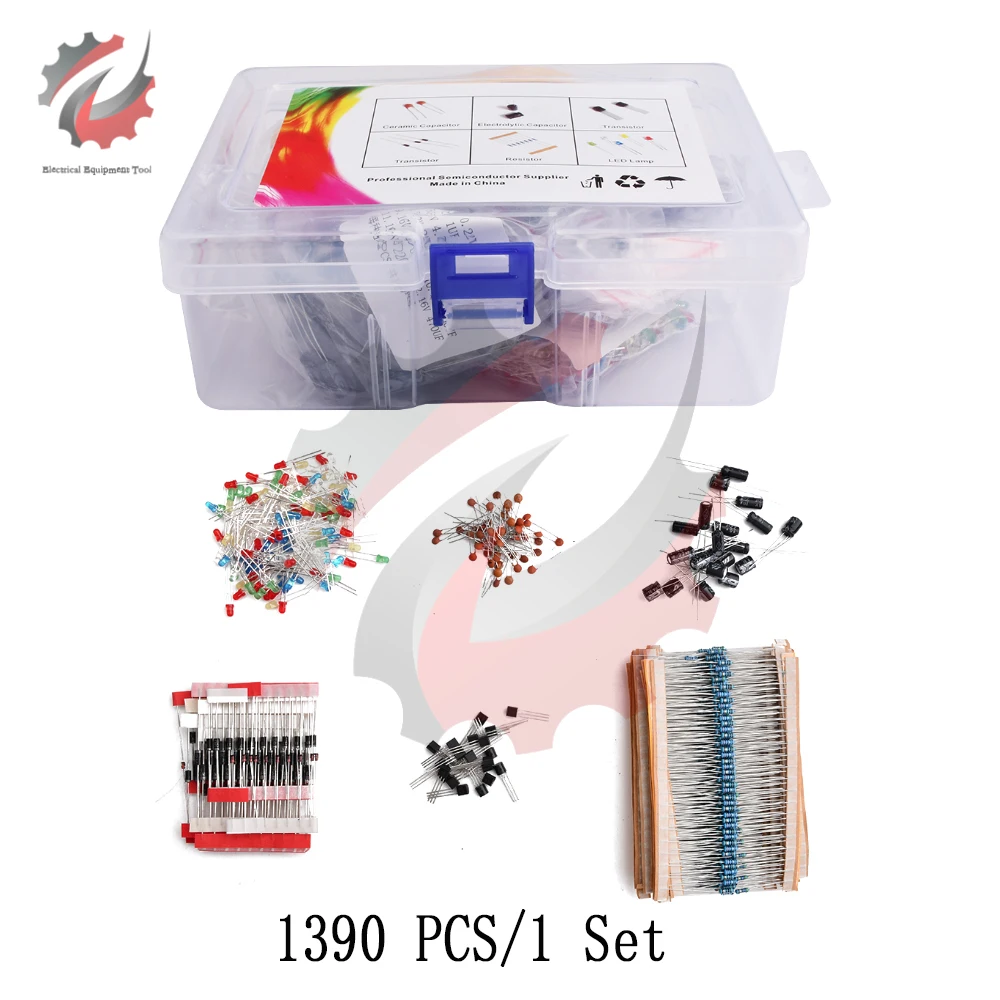 1390PCS Component Electronic Kit 1/4W Resistance 1% Metal Film Resistor Electrolytic Capacitor LED Emitting Diode Ceramic Chip