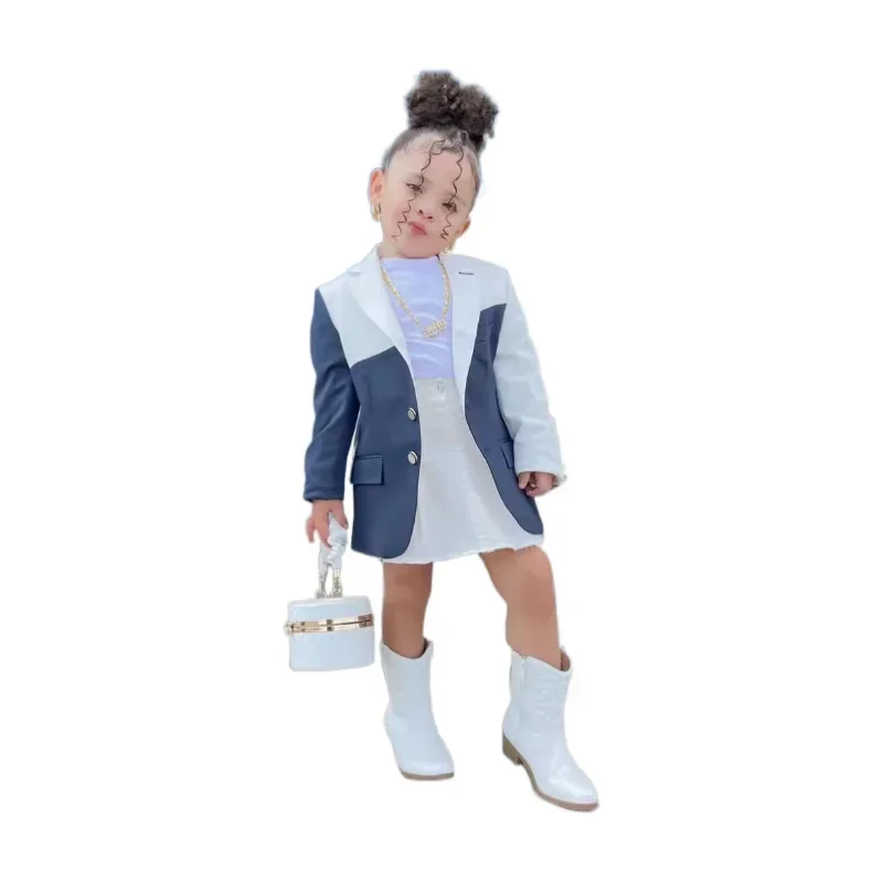 2023 autunno nuovi ragazzi ragazze moda colletto rovesciato bottone giuntura giacca Street Trend abbigliamento Casual per bambini età 3T-8T