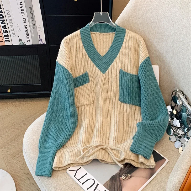 2025 moda Otoño suéter de manga larga elegante mujer cuello en V Jersey de punto suelto invierno cálido suave suéter Casual Top de punto