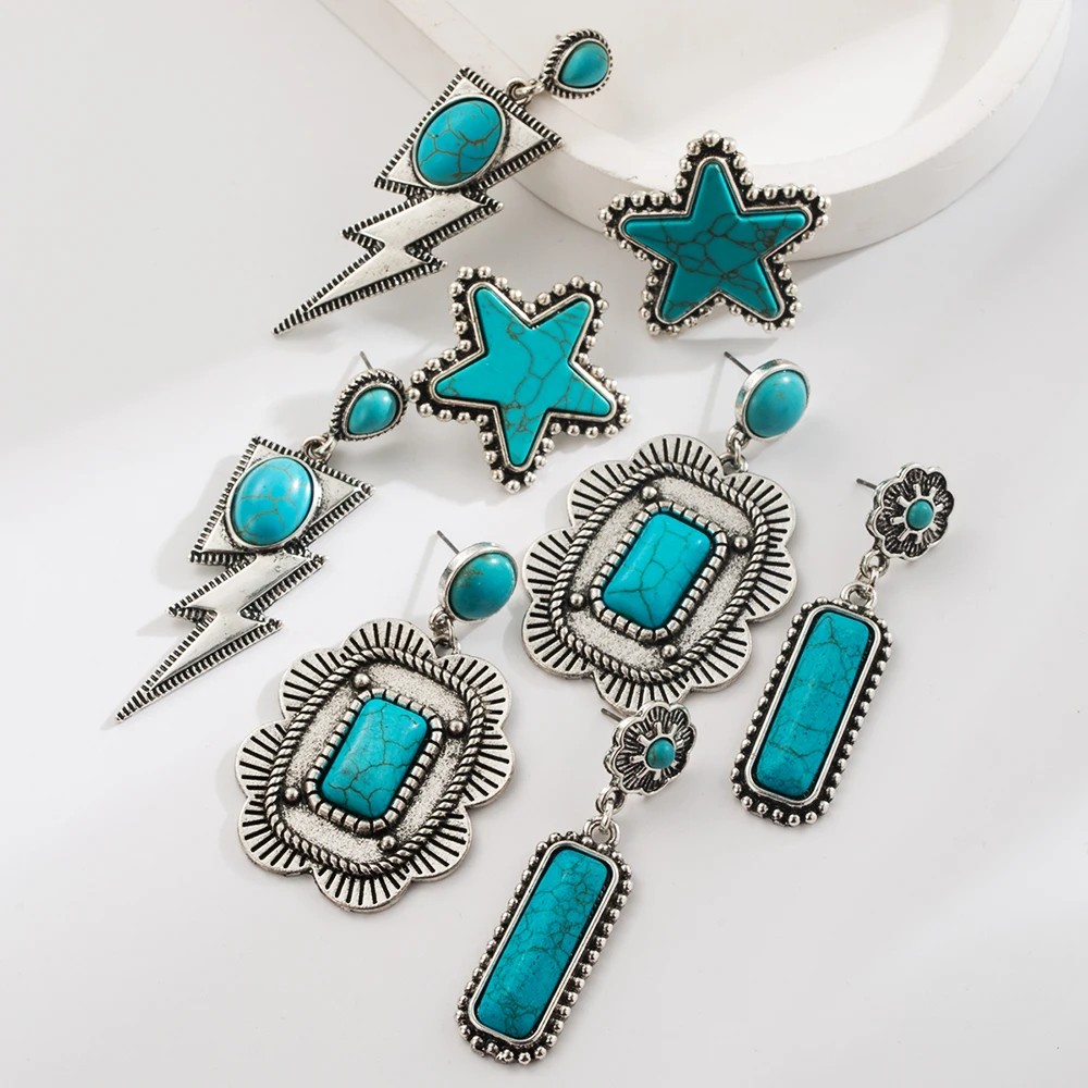 Cross Border European And American Exaggerated Turquoise Earrings Retro Fashion New Geometric Star Lightning Shaped Earrings