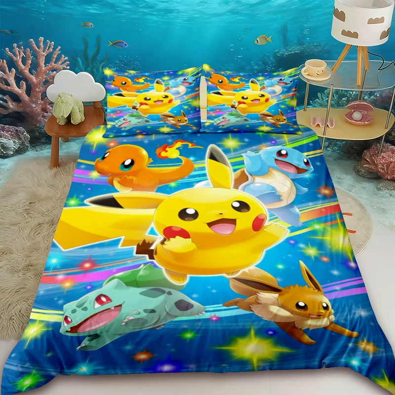 

Комплект постельного белья из трех предметов с аниме-принтом: пододеяльник с Пикачу, мультяшный дизайн, для декора спальни, размеры Queen и King
