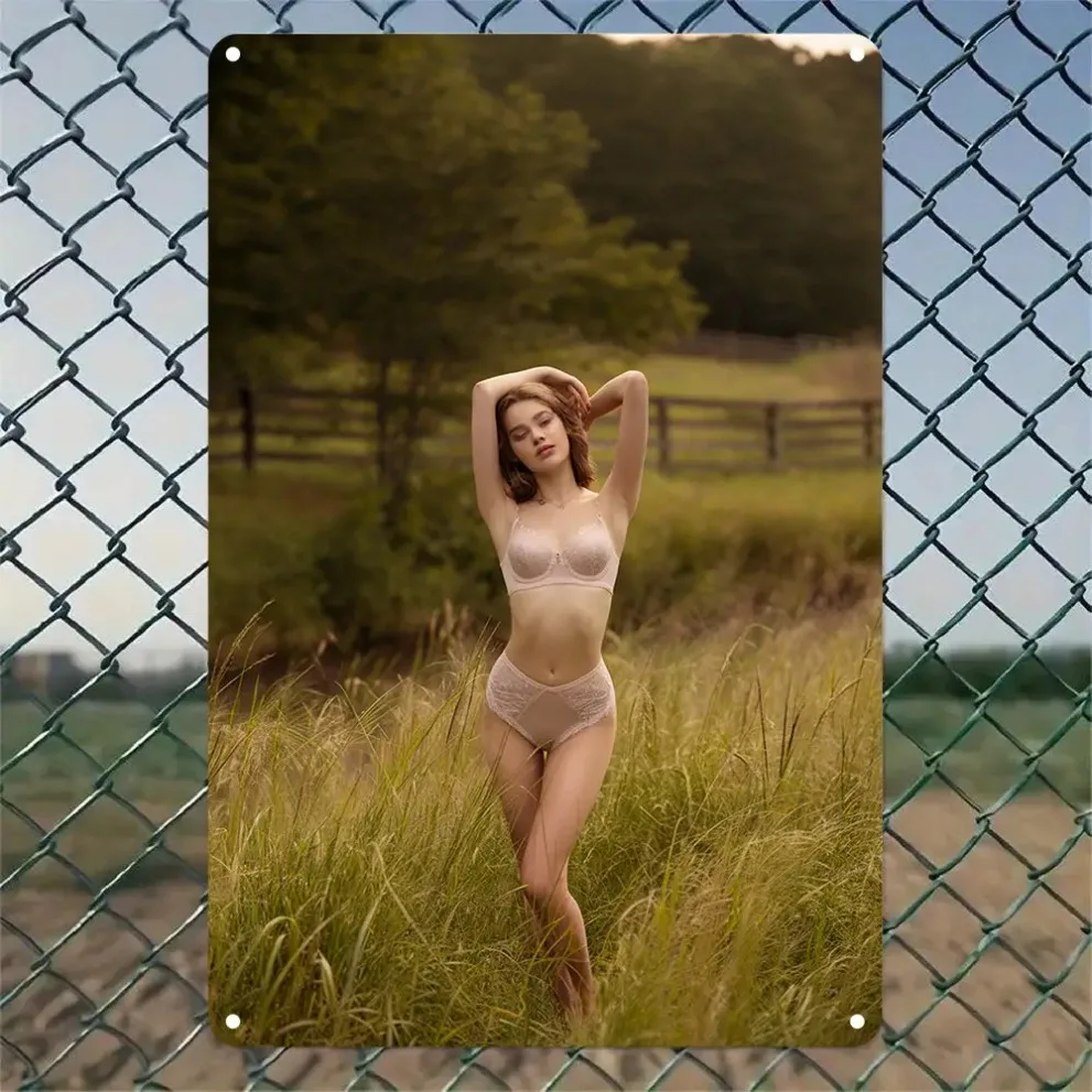 

Vintage Aluminum Wall Art Sign, 8x12 Inch, Rustic Fence Scene with Elegant Figure - Perfect for Home, Office, Cafe Decor. Pre-dr