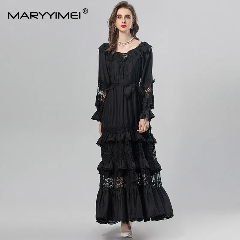 

MARYYIMEI Summer Women's Ball Gown Dress Flare Sleeved Lace Splicing Hollow Out Flounced Edge High Waisted Lace-Up Dresses