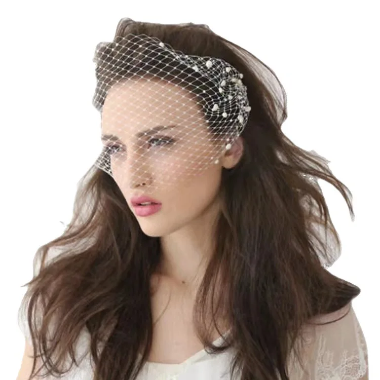 Retro super beautiful bridal veil pearl large hole mesh hair comb short veil wedding hair accessories headdress